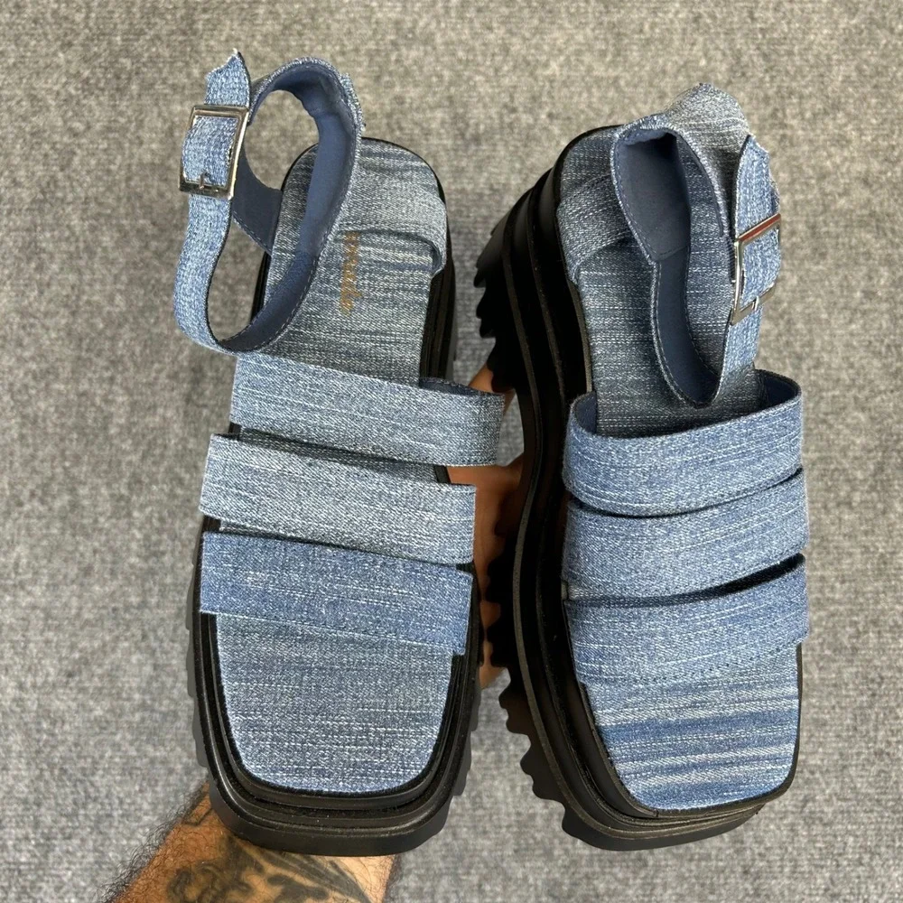 Lemonade Denim Platform Sandals Blue Lug Sole Chunky Slingback BL8978 Size 6